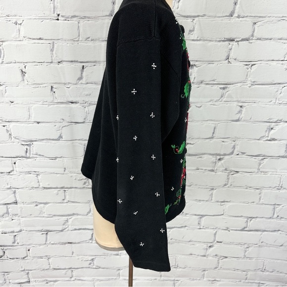 Vtg Christmas Embroidered Bow Cardigan Sweater Lrg Black Beaded Holiday Coquette - Picture 2 of 12